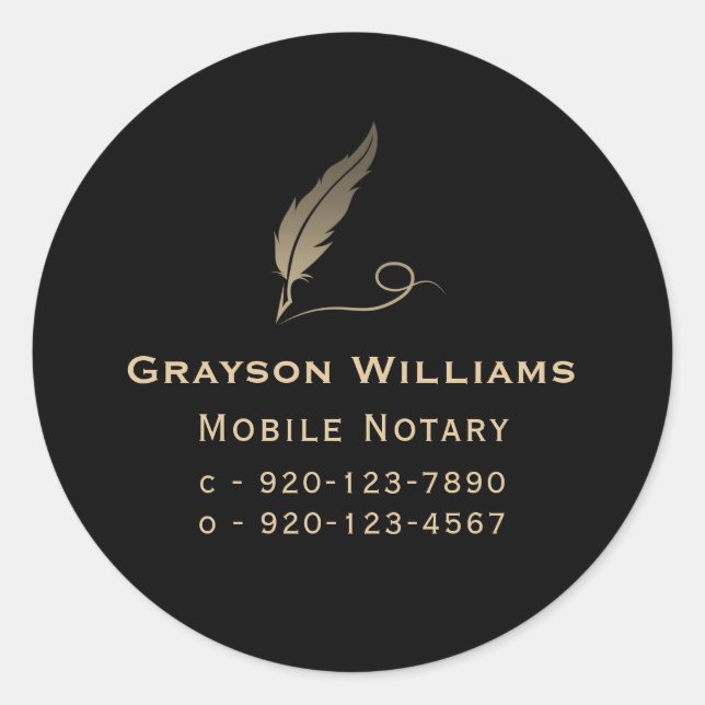 Quill Mobile Notary Black Gold  Classic Round Sticker (Front)
