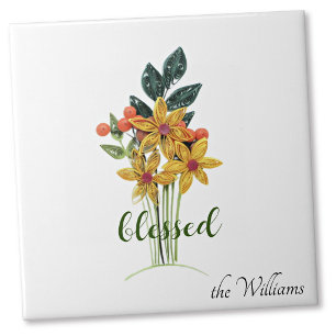 Quilled Autumn Flowers "blessed" Ceramic Tile