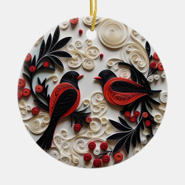 "Quilled Christmas Birds Ornament"  Ceramic Tree Decoration (Front)