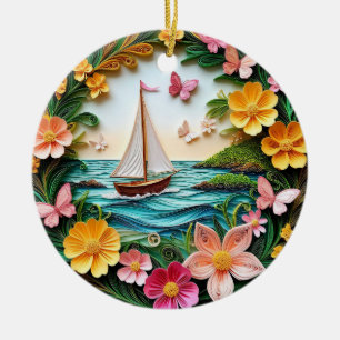 Quilled Nature Scene with Sailing Boat Ceramic Tree Decoration