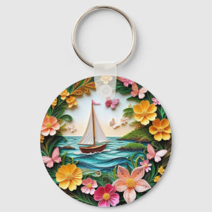 Quilled Nature Scene with Sailing Boat Key Ring
