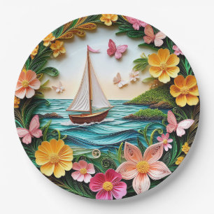 Quilled Nature Scene with Sailing Boat Paper Plate