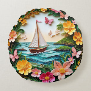 Quilled Nature Scene with Sailing Boat Round Cushion
