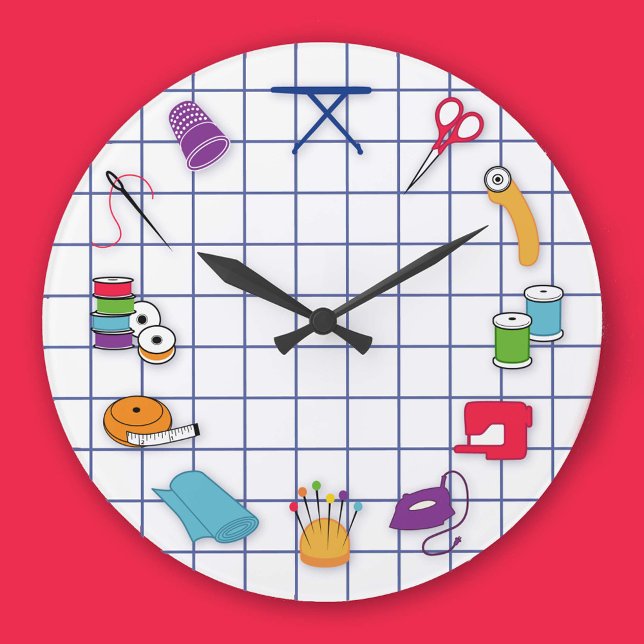 Quilt and Sew Time Wall Clock, Round Large Clock (Time to quilt and sew with all my favorite tools ready to go!)