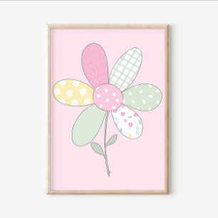 Quilt Art Print Set: Flower on Pink Background