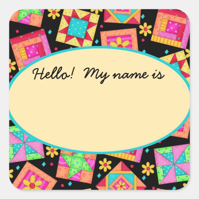 Quilt Blocks Black Name Tag or Label (Front)
