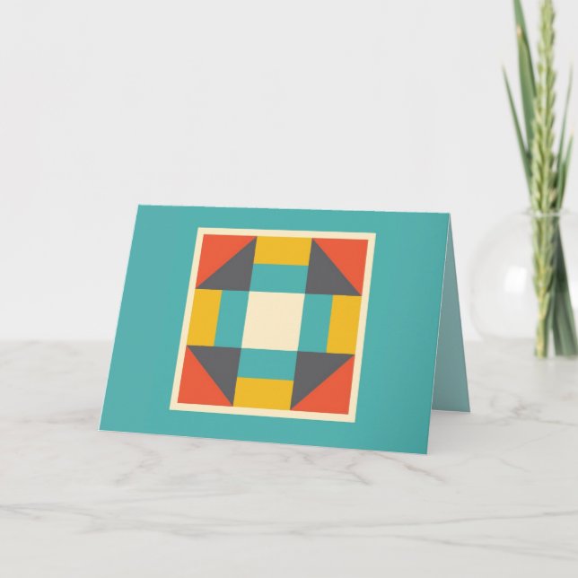Quilt Card - Churn Dash Block (teal/orange/gold) (Front)