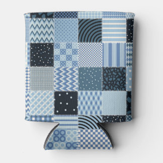Quilt design, geometric patchwork, blue tones. can cooler