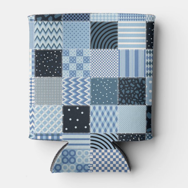 Quilt design, geometric patchwork, blue tones. can cooler (Front)