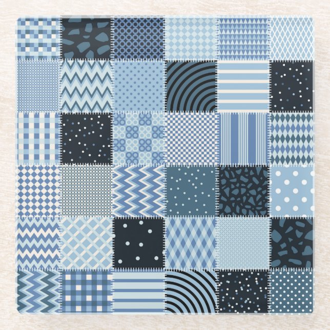 Quilt design, geometric patchwork, blue tones. glass coaster (Front)