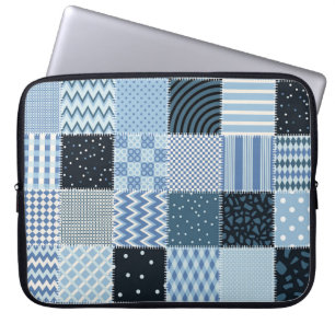 Quilt design, geometric patchwork, blue tones. laptop sleeve
