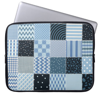 Quilt design, geometric patchwork, blue tones. laptop sleeve