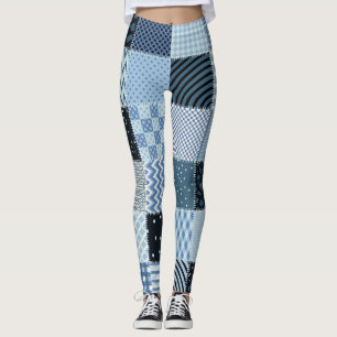 Quilt design, geometric patchwork, blue tones. leggings