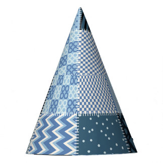 Quilt design, geometric patchwork, blue tones. party hat