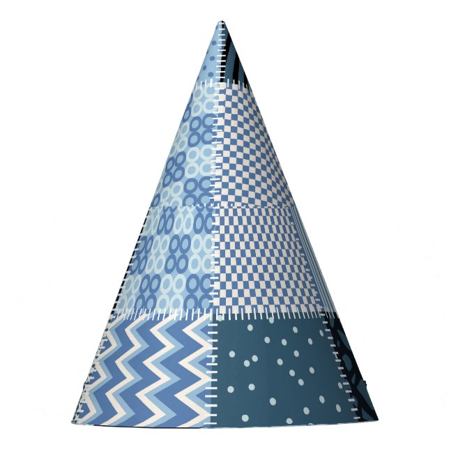 Quilt design, geometric patchwork, blue tones. party hat (Front)