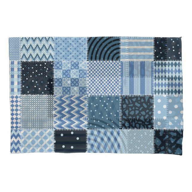 Quilt design, geometric patchwork, blue tones. pillowcase (Front)