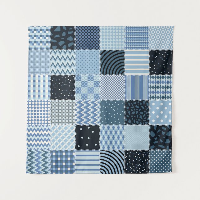Quilt design, geometric patchwork, blue tones. tapestry (Front)