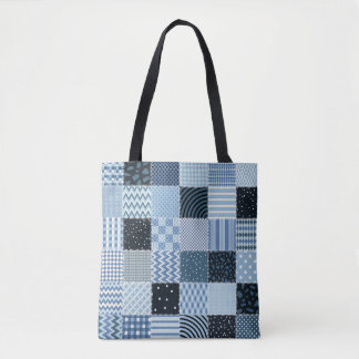 Quilt design, geometric patchwork, blue tones. tote bag