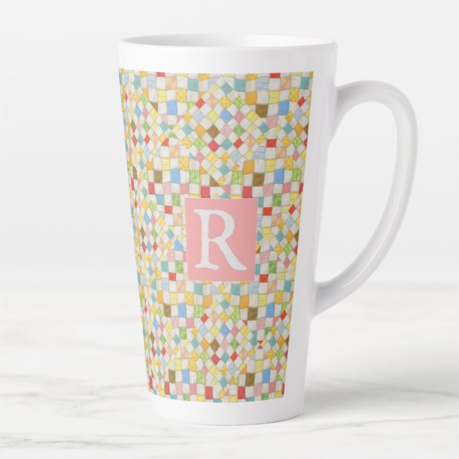 QUILT MOSAIC Tall Latte Mug + Text / Pink (Right)
