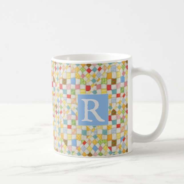 QUILT MOSAIC White Mug + Text / Blue (Right)