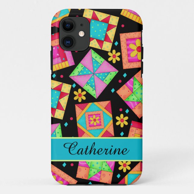 Quilt Patchwork Block Art on Black Custom Name Case-Mate iPhone Case (Back)