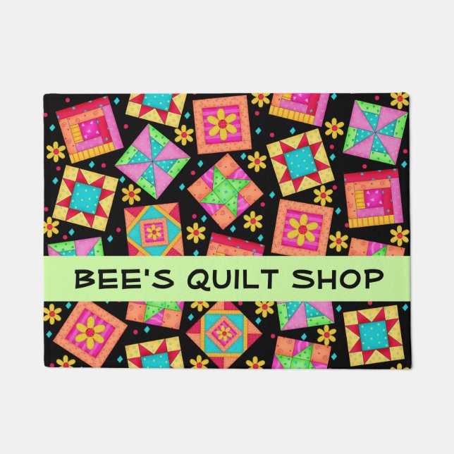 Quilt Patchwork Blocks Black Store Name Doormat (Front)