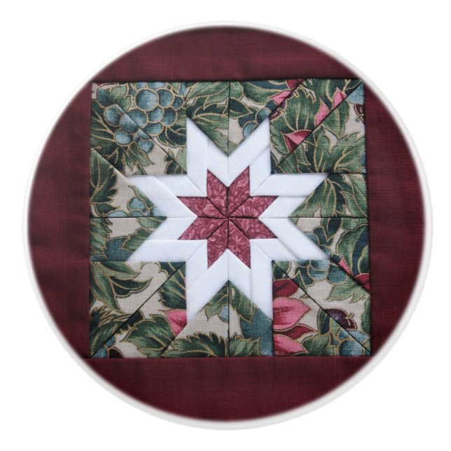 Quilt star maroon ceramic knob (Front)