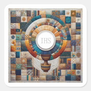 Quilt Style Eucharistic Communion Host and Chalice Square Sticker
