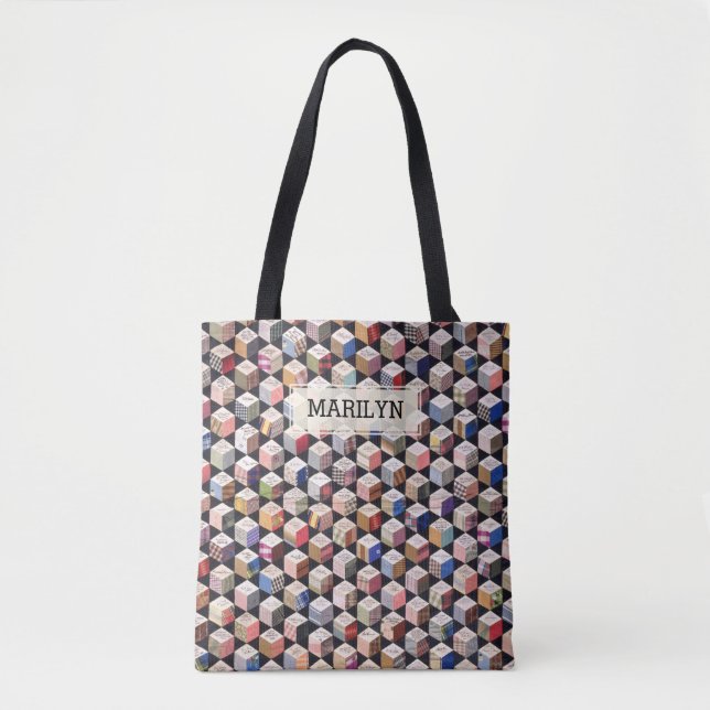 Quilt | Tumbling Blocks Antique Patchwork-Look Tote Bag (Front)
