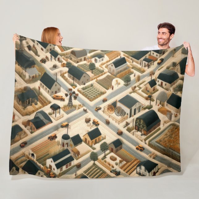 Quilted Abstract Aerial Farm Landscape Fleece Blanket (In Situ)
