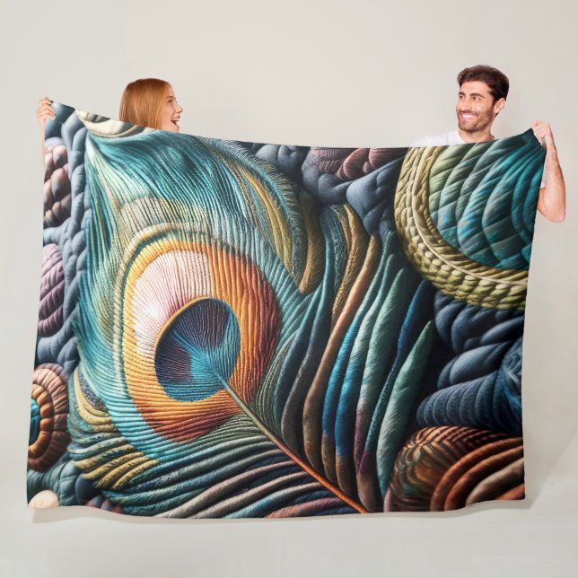 Quilted Abstract Peacock Feather Fleece Blanket (In Situ)