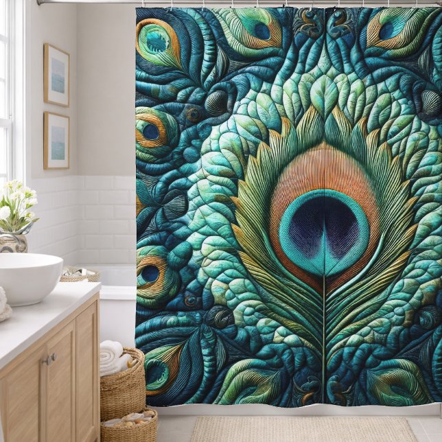 Quilted Blue Peacock Feathers Design Shower Curtain (Creator Uploaded)