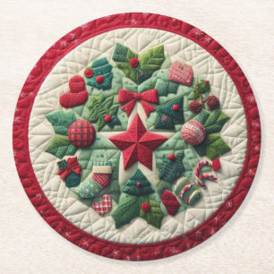 Quilted Christmas Design Round Paper Coaster