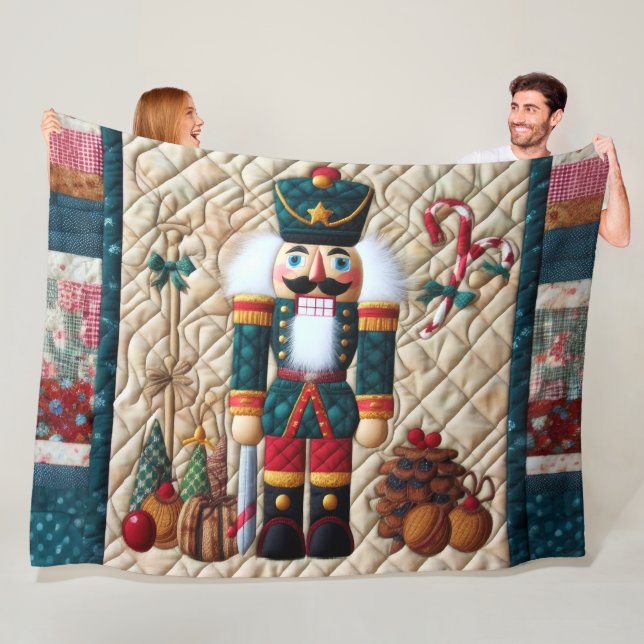 Quilted Christmas Nutcracker Fleece Blanket Teal (In Situ)