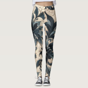 Quilted Cream and Navy Blue Floral Design Leggings