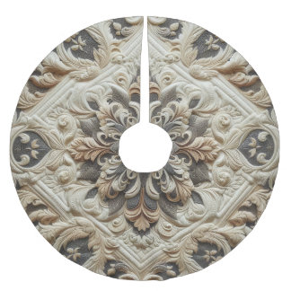 Quilted Cream Grey Ornate Arabesque Brushed Polyester Tree Skirt