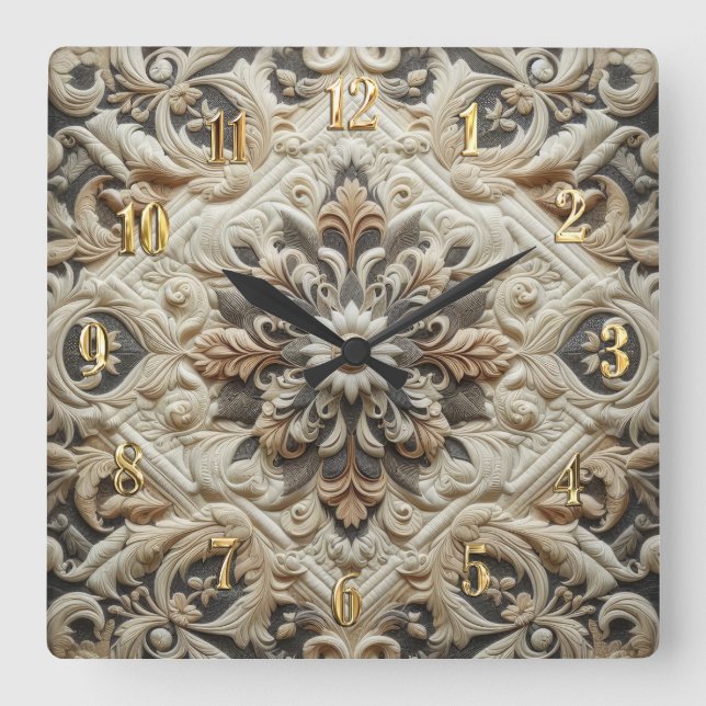 Quilted Cream Grey Ornate Arabesque Square Wall Clock (Front)
