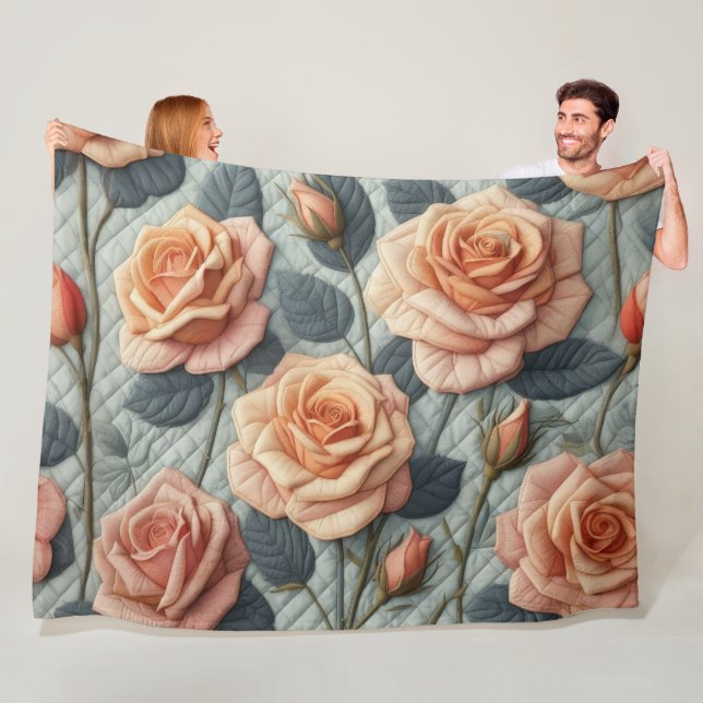 Quilted Design of Pink Peach Roses on Grey Fleece Blanket (In Situ)