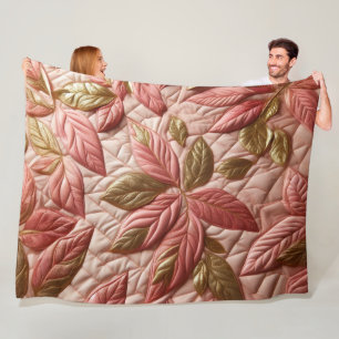 Quilted Gold and Pink Leaves Design Fleece Blanket