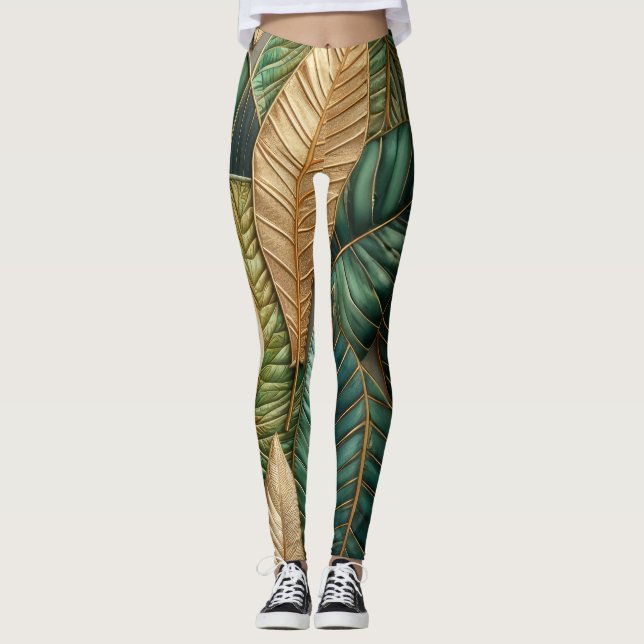 Quilted Gold Green Tropical Leaves Design Leggings (Front)