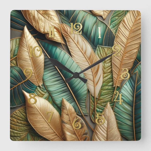 Quilted Gold Green Tropical Leaves Design Square Wall Clock (Front)