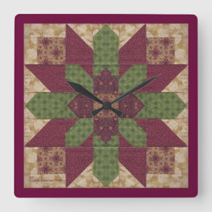 Quilted Green Burgundy Star Square Wall Clock