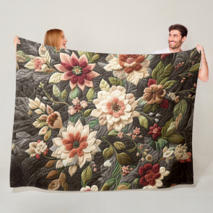 Quilted Grey Floral Design Fleece Blanket