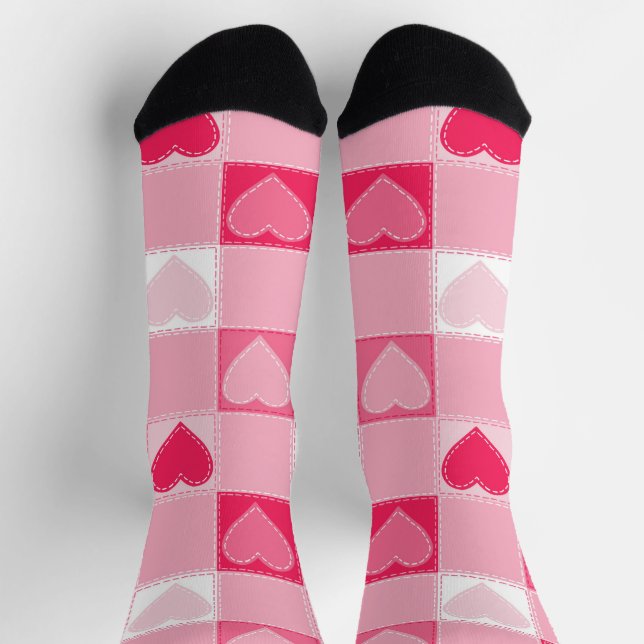 Quilted Hearts on Checks, Bubblegum Pink Socks (Top)