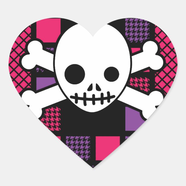 Quilted Houndstooth & Skulls Heart Sticker (Front)