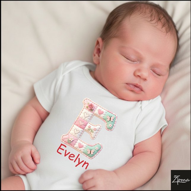 Quilted Patchwork Initial Letter E Nursery Baby Bodysuit (This is a sample design. There are several models to choose from, with the name and color changed.)