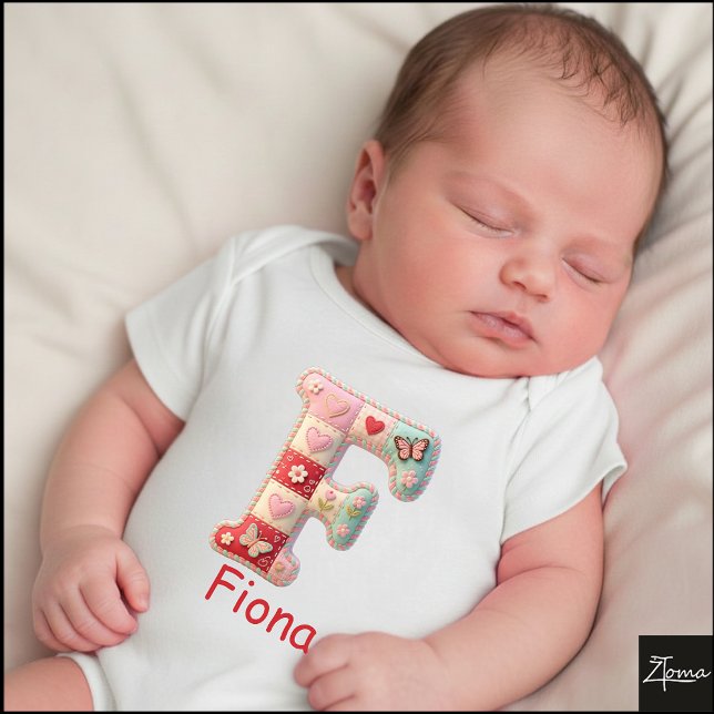 Quilted Patchwork Initial Letter F Nursery Baby Bodysuit (This is a sample design. There are several models to choose from, with the name and color changed.)
