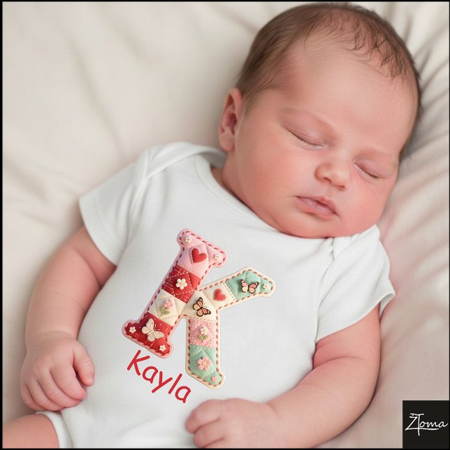 Quilted Patchwork Initial Letter K Nursery Baby Bodysuit (This is a sample design. There are several models to choose from, with the name and color changed.)
