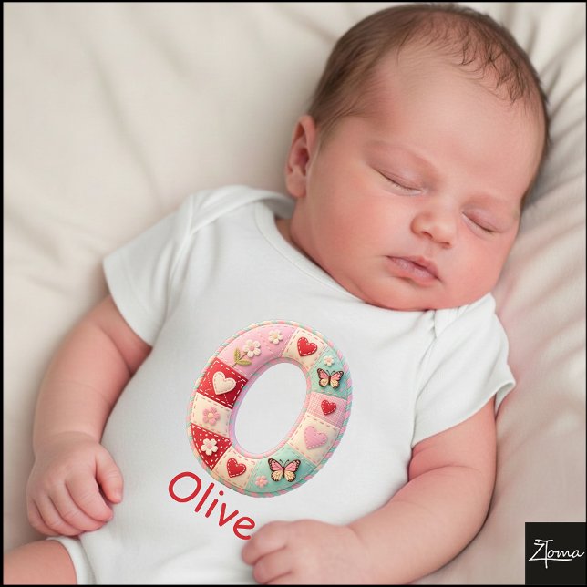 Quilted Patchwork Initial Letter O Nursery Baby Bodysuit (This is a sample design. There are several models to choose from, with the name and color changed.)