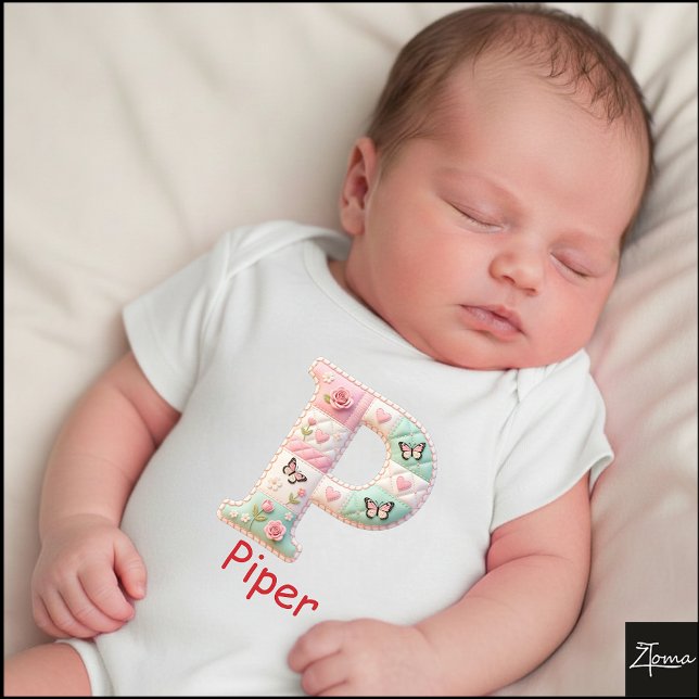 Quilted Patchwork Initial Letter P Nursery Baby Bodysuit (This is a sample design. There are several models to choose from, with the name and color changed.)